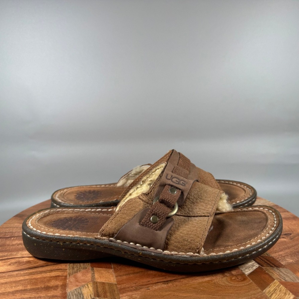 UGG 1611 Brown Suede Shearling Lined Slide Sandals Womens Size 6 Boho Casual